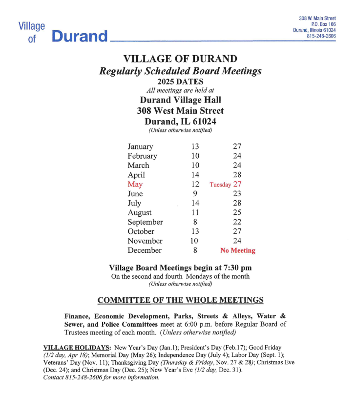 2025 Village Board Meeting Schedule